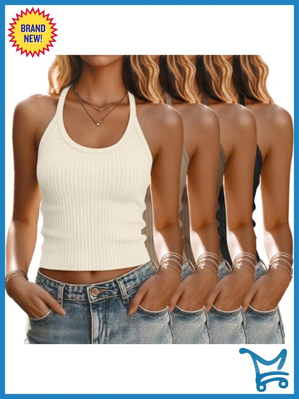 Women's Ribbed Halter Tank Tops 4 Pack Slim Fit Sleeveless Crop